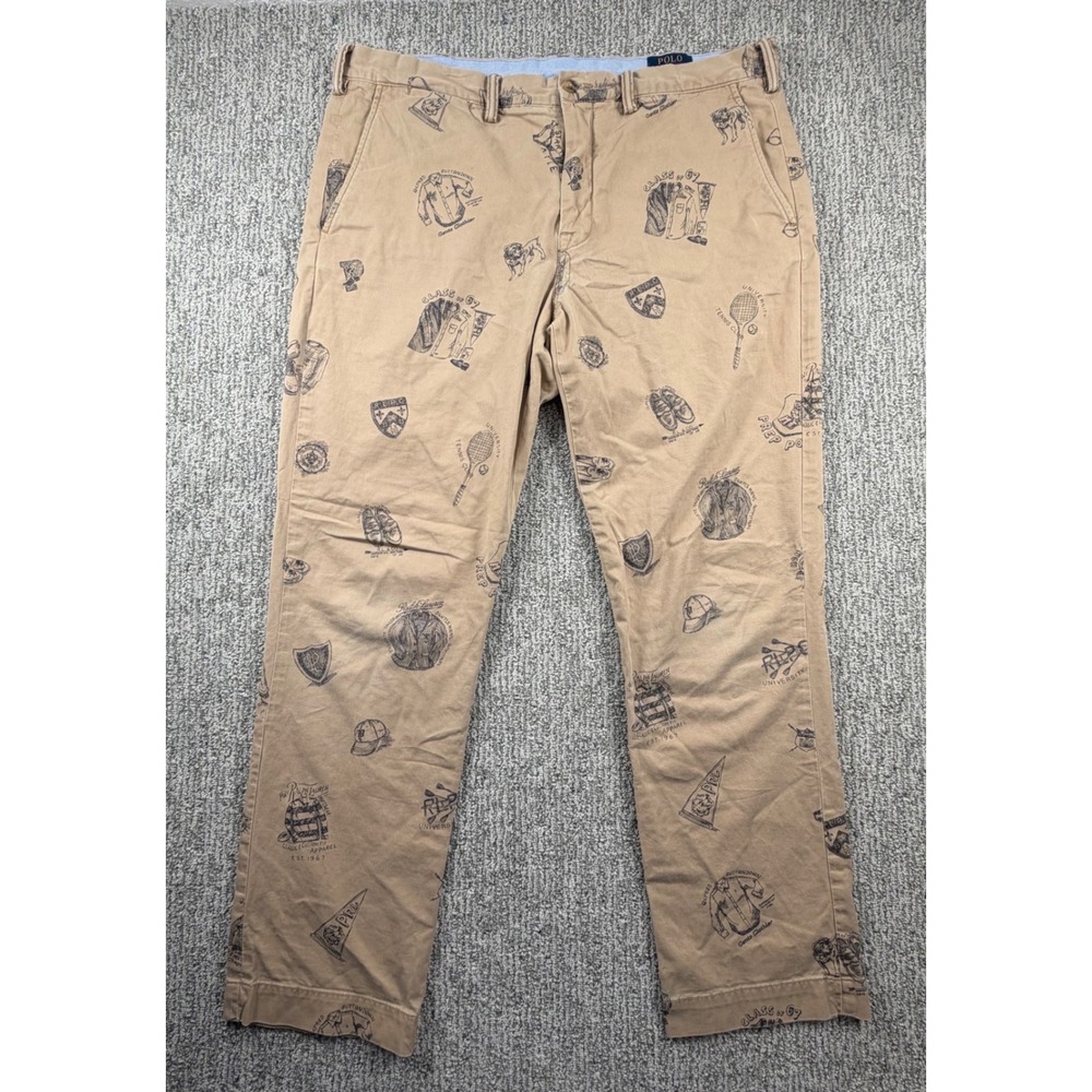 Polo Ralph Lauren Chino Pants Mens 38x32* Tan All Over Collegiate Print Stretch